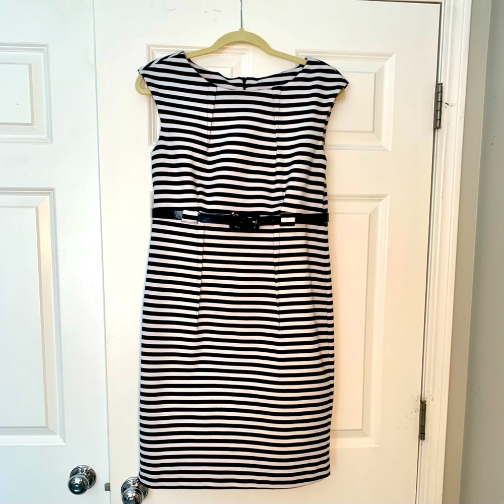 Premise Ponte Black White Striped Belted Dress